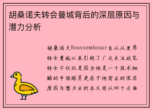 胡桑诺夫转会曼城背后的深层原因与潜力分析